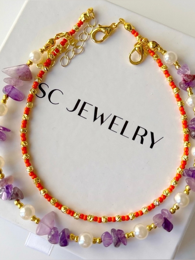 Purple And Gold Beaded Miyuki Beads Anklet 2 Pc Set